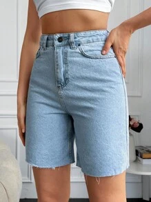 EURMUSE High Waist Raw Hem Denim Shorts - Blue - View 3