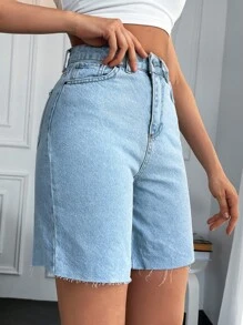 EURMUSE High Waist Raw Hem Denim Shorts - Blue - View 4