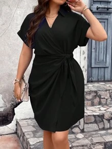 Vionelle Plus Size Women Solid Color Wrap Tie Batwing Sleeve Casual Dress - Black - View 1