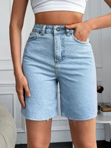 EURMUSE High Waist Raw Hem Denim Shorts - Blue - View 5