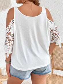 SHEIN VCAY 大碼拼接水溶蕾絲挖肩T恤 - 白色 - 查看 3