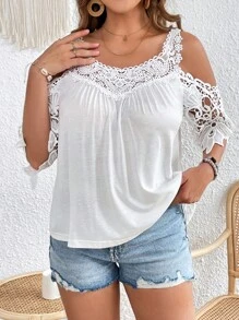 SHEIN VCAY 大碼拼接水溶蕾絲挖肩T恤 - 白色 - 查看 4