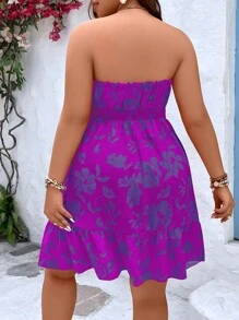 Breezaya 大码波西米亚风花卉印花荷叶边下摆抹胸连衣裙，适合夏季 - 紫色 - 查看 2