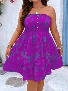 Breezaya 大码波西米亚风花卉印花荷叶边下摆抹胸连衣裙，适合夏季 - 紫色 - 查看 5