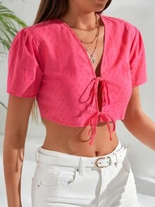 Cottnline 前繫帶短款襯衫 - 紅色 - 查看 5