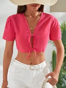 Cottnline 前繫帶短款襯衫 - 紅色 - 查看 1