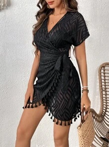 Breezaya 流蘇邊側打結和服罩衫 - 黑色 - 查看 3