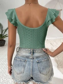 SHEIN VCAY 網眼刺繡荷葉邊雞心領口連身背心 - 綠色 - 查看 2