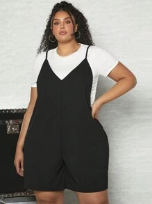 SHEIN CURVE+ 大碼素色吊帶連體短褲不帶T恤 - 黑色 - 查看 3