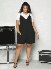 SHEIN CURVE+ 大碼素色吊帶連體短褲不帶T恤 - 黑色 - 查看 4