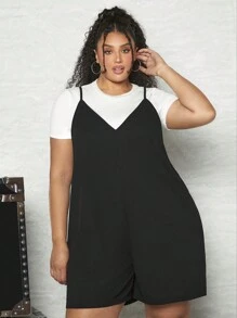 SHEIN CURVE+ 大碼素色吊帶連體短褲不帶T恤 - 黑色 - 查看 5