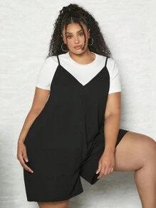 SHEIN CURVE+ 大碼素色吊帶連體短褲不帶T恤 - 黑色 - 查看 6