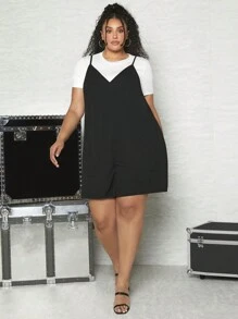 SHEIN CURVE+ 大碼素色吊帶連體短褲不帶T恤 - 黑色 - 查看 7