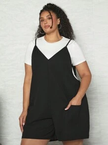 SHEIN CURVE+ 大碼素色吊帶連體短褲不帶T恤 - 黑色 - 查看 8