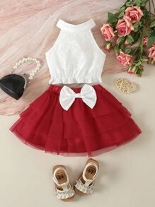 Baby Contrast Lace Halter Top & Bow Front Skirt - Red and White - View 1