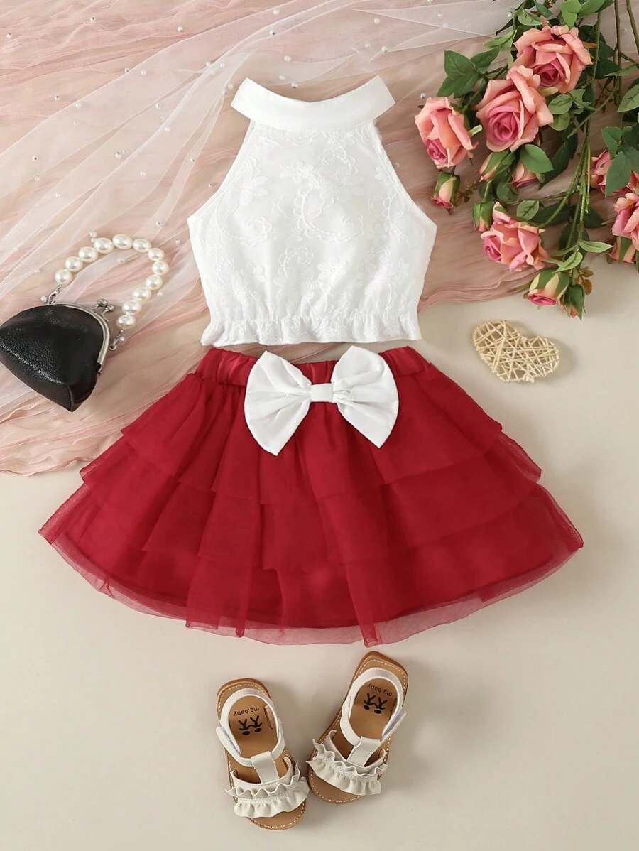 Baby Contrast Lace Halter Top & Bow Front Skirt - Red and White - View 1