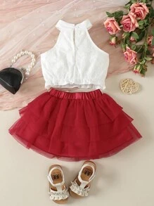 Baby Contrast Lace Halter Top & Bow Front Skirt - Red and White - View 2