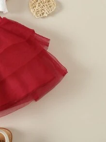 Baby Contrast Lace Halter Top & Bow Front Skirt - Red and White - View 3