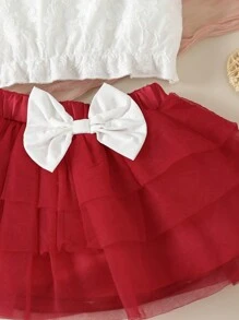 Baby Contrast Lace Halter Top & Bow Front Skirt - Red and White - View 4