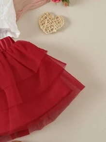 Baby Contrast Lace Halter Top & Bow Front Skirt - Red and White - View 6