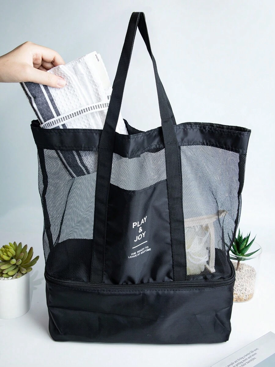 1入組字母圖案午餐袋現代滌綸雙層午餐袋、辦公室、學校 - 黑色 - 查看 1