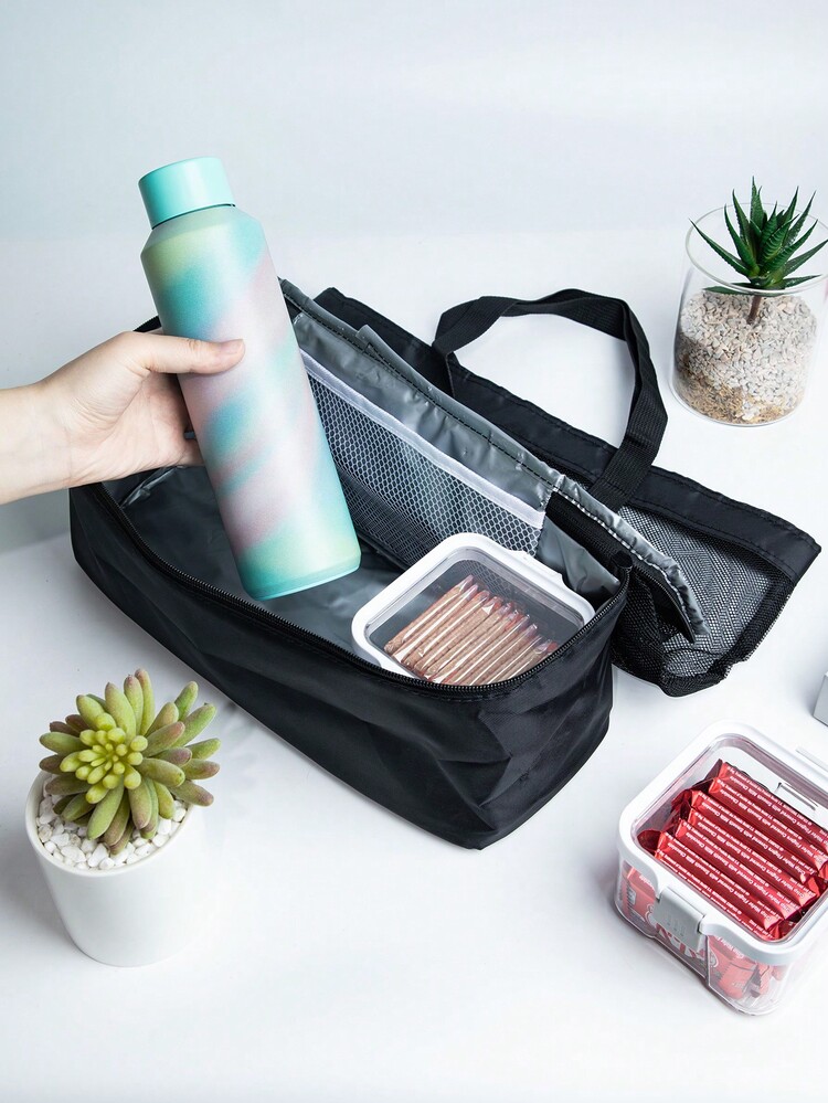 1入組字母圖案午餐袋現代滌綸雙層午餐袋、辦公室、學校 - 黑色 - 查看 5