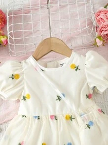 Đồ dự tiệc cho bé gái Tương phản Mesh Thêu Hoa - Màu be - Xem 5