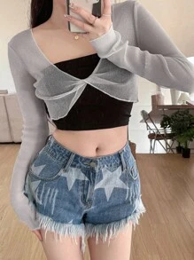 DAZY 素色前扭結短款網紗上衣不附抹胸 - 灰色 - 查看 2