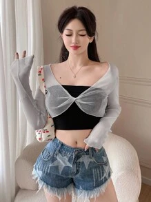 DAZY 素色前扭結短款網紗上衣不附抹胸 - 灰色 - 查看 3
