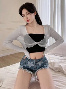 DAZY 素色前扭結短款網紗上衣不附抹胸 - 灰色 - 查看 5