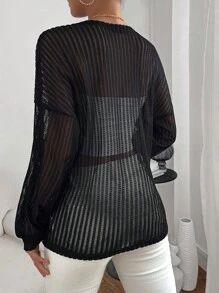 SHEIN Essnce Solid Bishop Sleeve Open Front Coat - Black - View 2