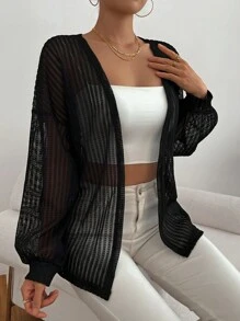 SHEIN Essnce Solid Bishop Sleeve Open Front Coat - Black - View 4