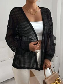 SHEIN Essnce Solid Bishop Sleeve Open Front Coat - Black - View 6