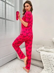 Heart & Letter Graphic PJ Set / Pajama Set With Eye Cover