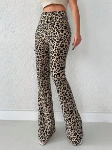 Leopard Print Flare Leg Trousers - Multicolor - View 3