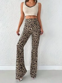 Leopard Print Flare Leg Trousers - Multicolor - View 4