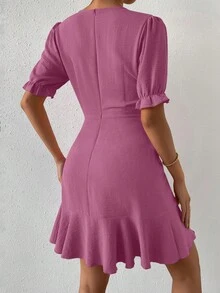 SHEIN Privé Vestido cruzado de manga farol ribete con fruncido con cordón lateral - Morado - Ver 2