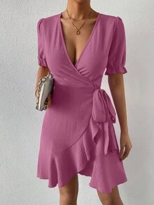 SHEIN Privé Vestido cruzado de manga farol ribete con fruncido con cordón lateral - Morado - Ver 3