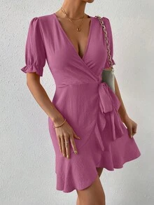 SHEIN Privé Vestido cruzado de manga farol ribete con fruncido con cordón lateral - Morado - Ver 4