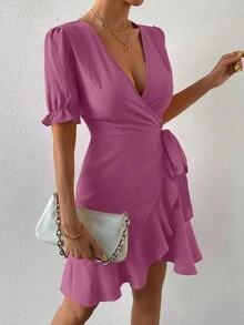 SHEIN Privé Vestido cruzado de manga farol ribete con fruncido con cordón lateral - Morado - Ver 5