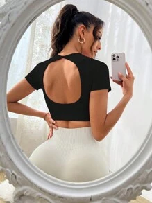 SHEIN Sports Camiseta deportiva de cuello redondo sólida, parte superior para gimnasio, camiseta ajustada para entrenamiento
