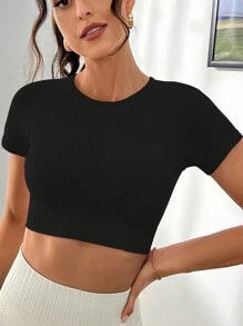 SHEIN Sports Camiseta deportiva de cuello redondo sólida, parte superior para gimnasio, camiseta ajustada para entrenamiento