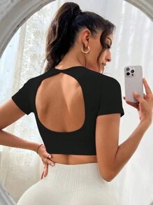 SHEIN Sports Camiseta deportiva de cuello redondo sólida, parte superior para gimnasio, camiseta ajustada para entrenamiento