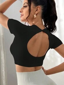 SHEIN Sports Camiseta deportiva de cuello redondo sólida, parte superior para gimnasio, camiseta ajustada para entrenamiento
