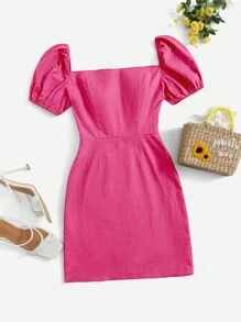 SHEIN VCAY Square Neck Puff Sleeve Dress - Hot Pink - View 1
