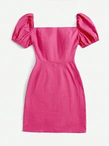 SHEIN VCAY Square Neck Puff Sleeve Dress - Hot Pink - View 3