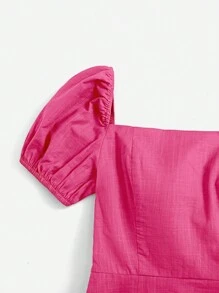 SHEIN VCAY Square Neck Puff Sleeve Dress - Hot Pink - View 4
