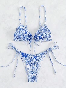Swim Mod Summer Beach Floral Print Frill Trim Tie Side Bikini Set - Blue and White - View 4