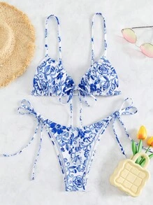 Swim Mod Summer Beach Floral Print Frill Trim Tie Side Bikini Set - Blue and White - View 1