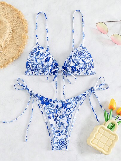 Bikini con stampa floreale con volant con lacci laterali